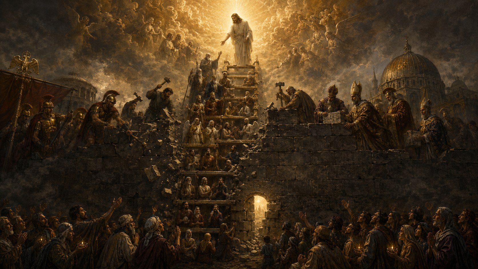 A wooden ladder climbing out of a crowd toward a radiant figure at its summit, while Roman soldiers on one side and mitred bishops on the other wall the ascent in with masonry — and a small lit doorway still stands open at the foot of the wall