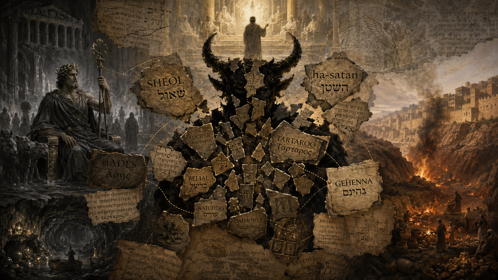 A horned figure assembled out of inscribed fragments — Sheol, Hades, Gehenna, Tartaroo, ha-satan, Lucifer, Belial, the Watchers, daimones — with the enthroned Greek lord of the dead on one side and the burning Valley of Hinnom on the other